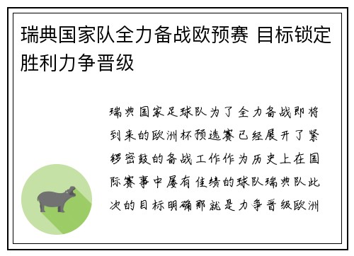 瑞典国家队全力备战欧预赛 目标锁定胜利力争晋级