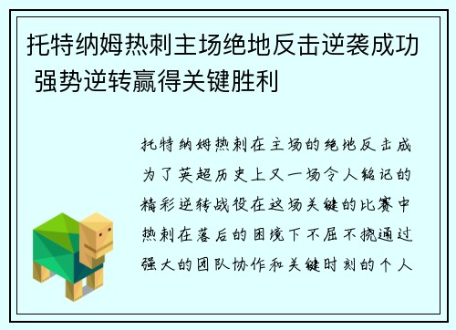 托特纳姆热刺主场绝地反击逆袭成功 强势逆转赢得关键胜利