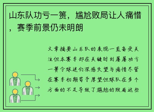 山东队功亏一篑，尴尬败局让人痛惜，赛季前景仍未明朗